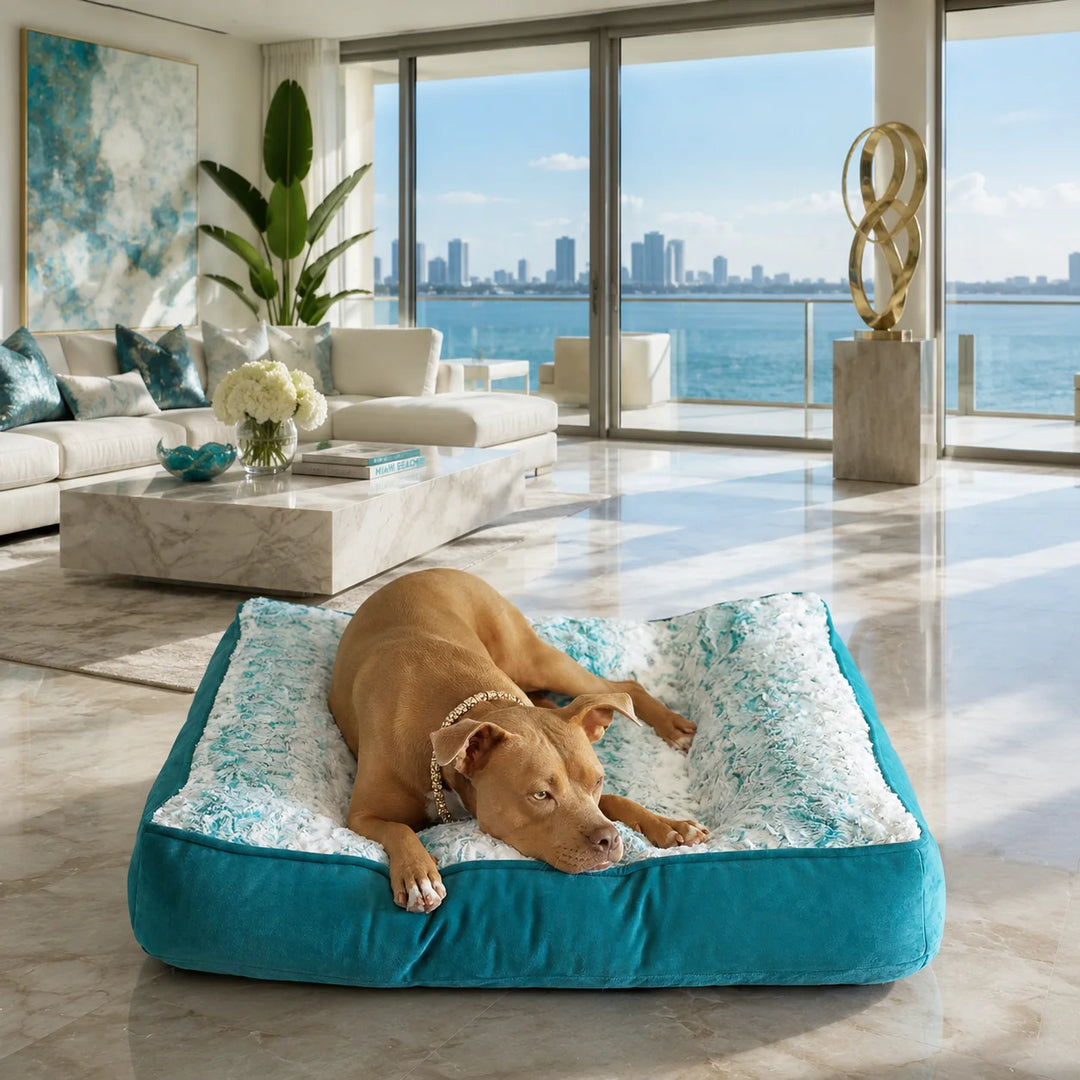 Animals Matter LA Dog Company® Pearl Leopard® Ortho Square™ Teal Leopard luxury orthopedic dog bed in a high-rise room with a tan Companion resting.