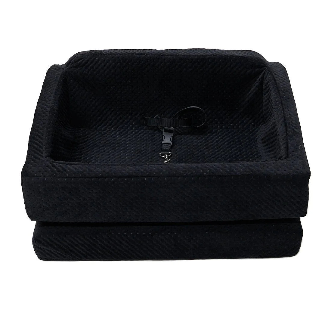 Animals Matter LA Dog Company Rider Turbo Limo dog car seat in black, showing a quilted booster seat with interior safety tether on a white background.