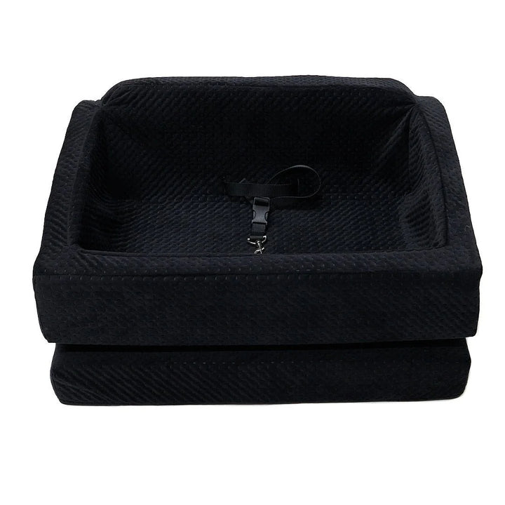 Animals Matter LA Dog Company Rider Turbo Limo dog car seat in black, showing a quilted booster seat with interior safety tether on a white background.