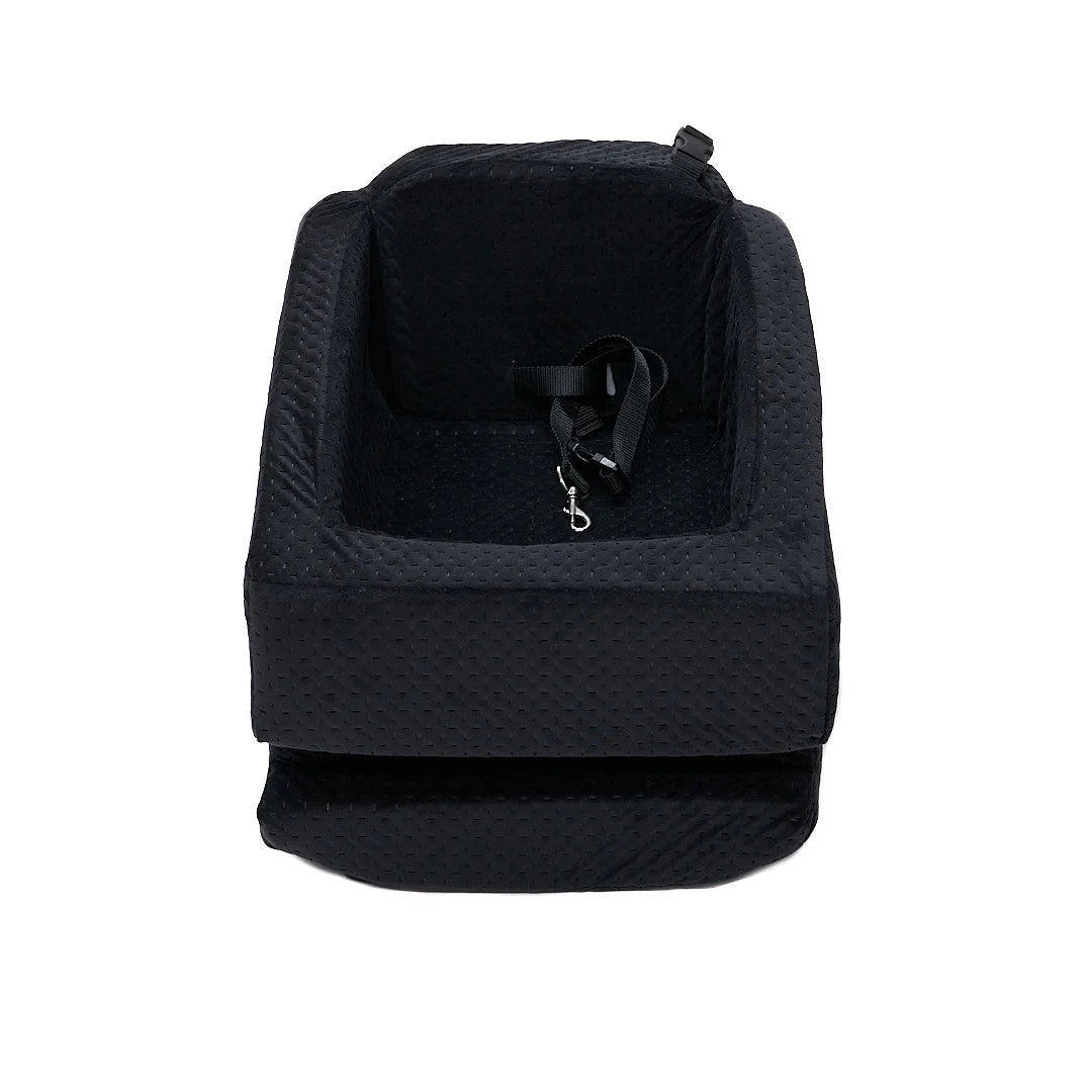Animals Matter LA Dog Company Rider Turbo Car Seat Standard dog car seat in black, showing a quilted booster seat with interior safety tether on a white background.
