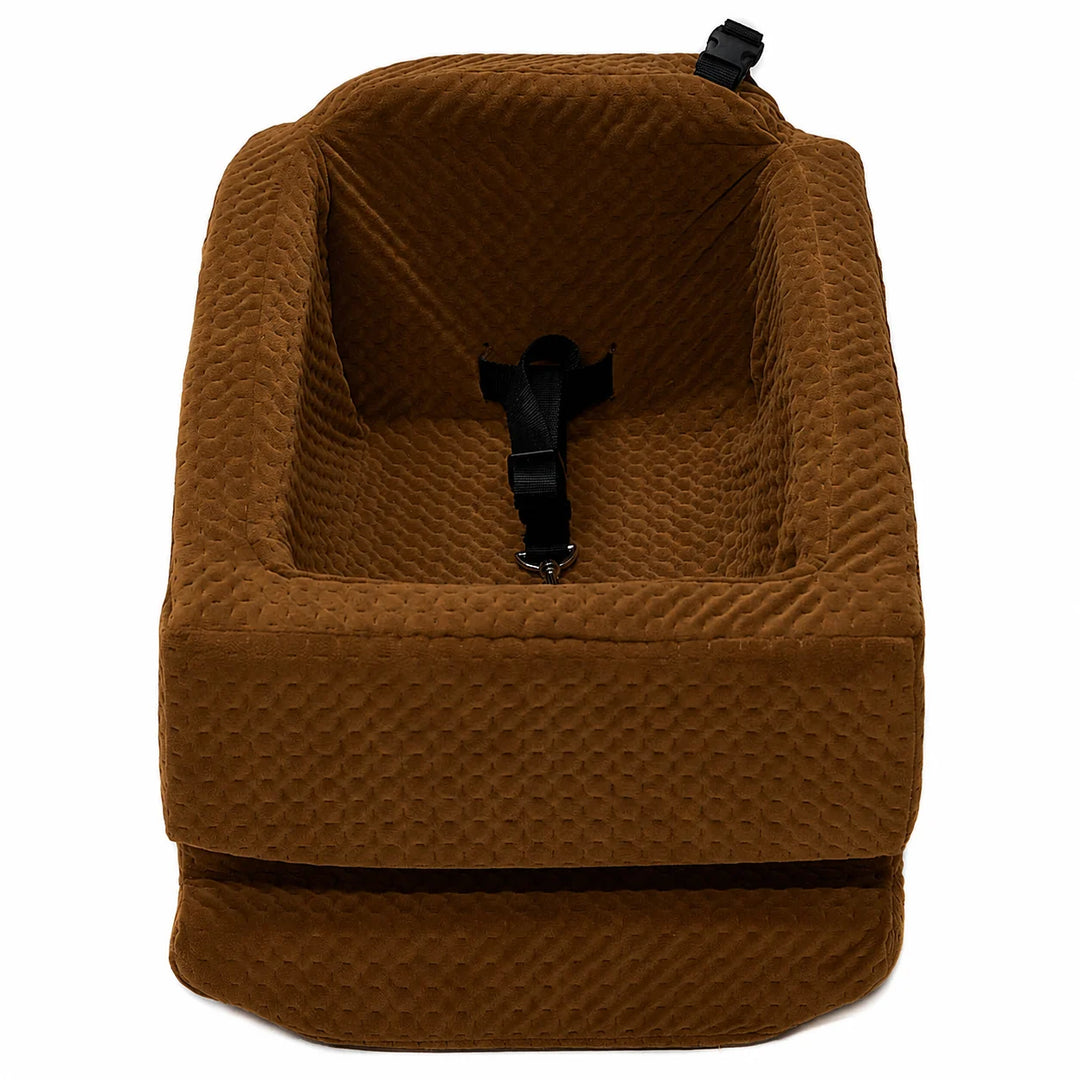 Animals Matter LA Dog Company Rider Turbo Car Seat Standard dog car seat in saddle, showing a quilted booster seat with interior safety tether on a white background.