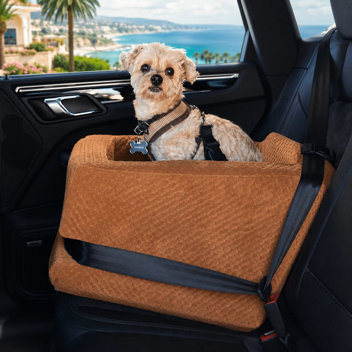 Animals Matter LA Dog Rider Turbo Car Seat Standard in saddle, featuring a small dog secured in a quilted car seat with a coastal view.