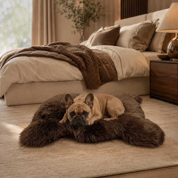 Animals Matter Luxury Faux Fur Shag Bear Bed luxury faux fur dog bed in Chocolate, featuring a French bulldog Companion resting in a warm bedroom.