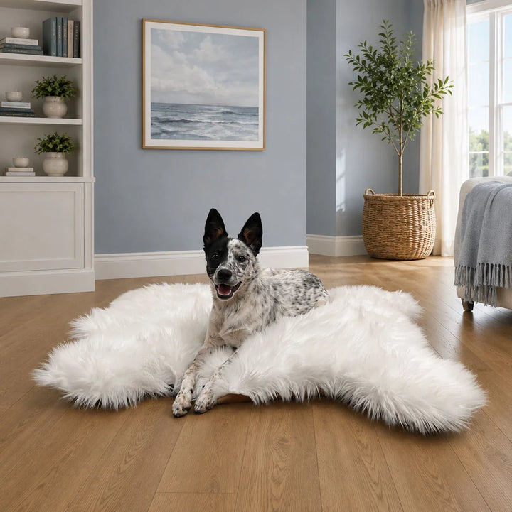 Animals Matter Luxury Faux Fur Shag Bear Bed luxury faux fur dog bed in White, featuring a spotted Companion lounging on plush faux fur in a coastal room.
