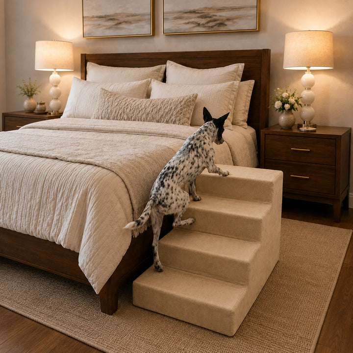 Animals Matter Mini Companion Stairs 4 Step Camel luxury dog stairs in a warm bedroom, featuring a spotted Companion using camel pet steps beside the bed.