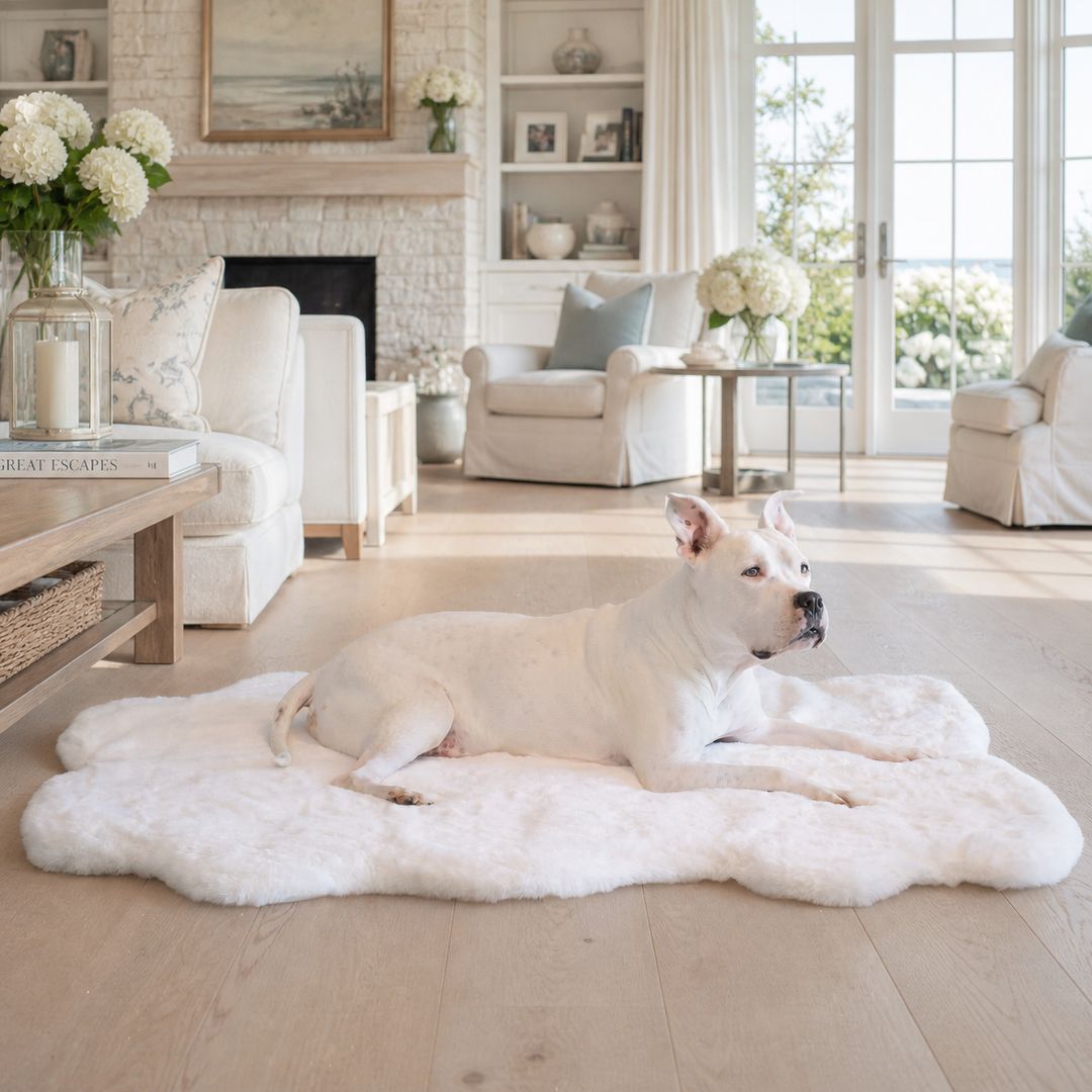 White dog lying on a fluffy rug in a bright living room. This is the Animals Matter Ruby ortho Rug in Ivory.