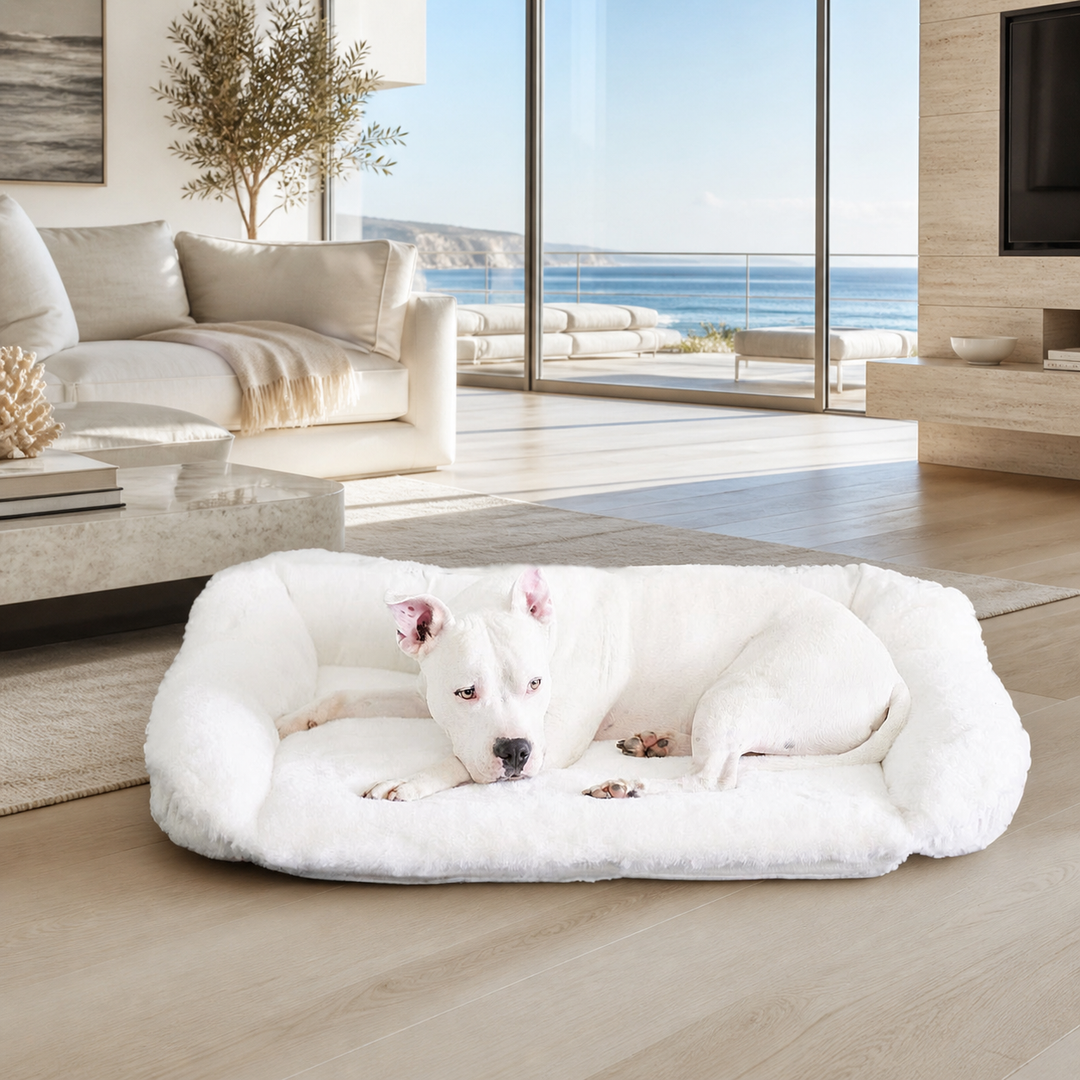 A White dog resting in the Ruby Puff® Ortho Companion-Pedic® Luxury Dog Bed - Animals Matter, Inc.