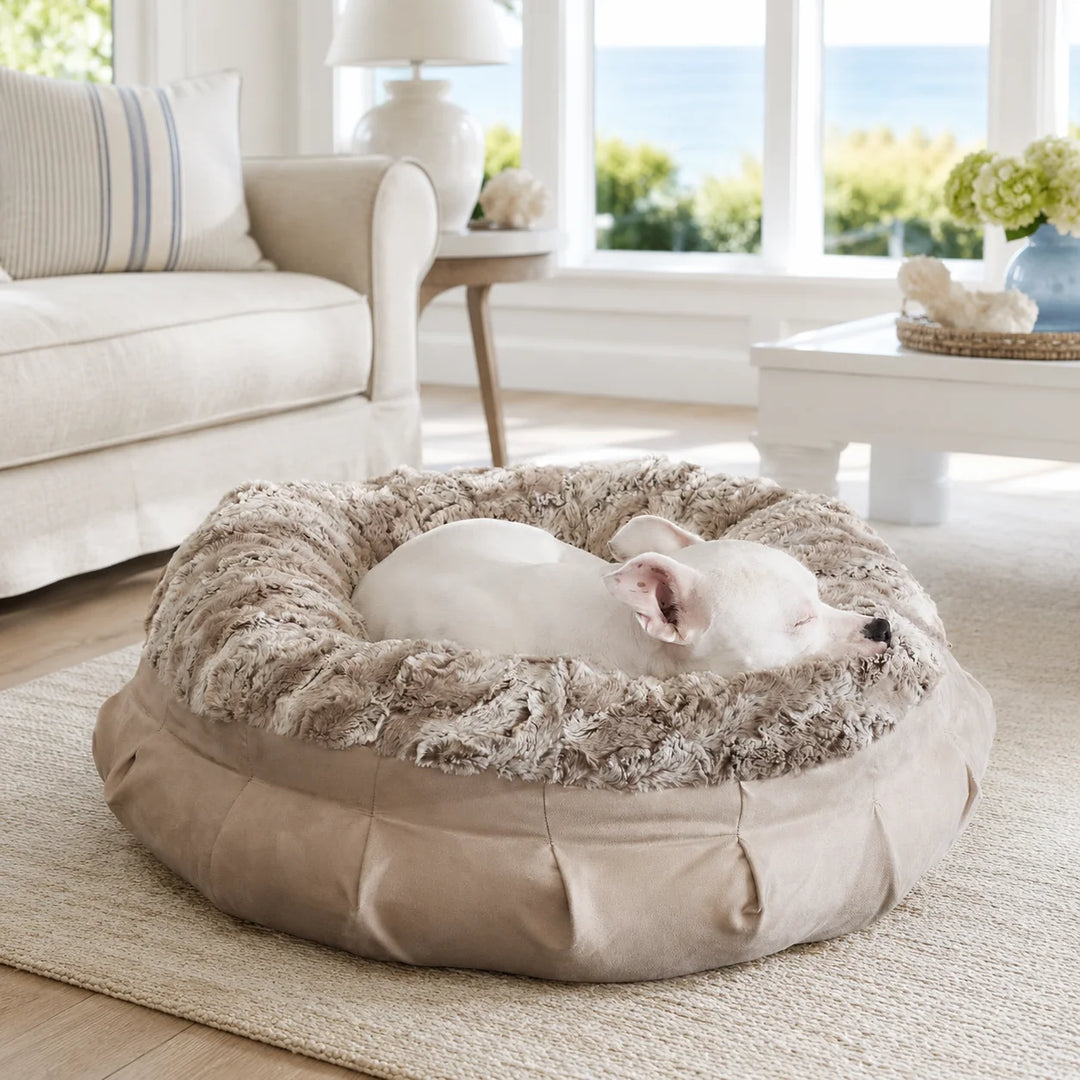 Animals Matter Pearl Companion Puff™ Tan Oyster luxury faux fur dog bed in an ocean-view living room, featuring a white Companion sleeping in a plush tan oyster bed