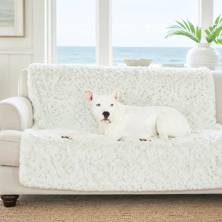 Animals Matter Pearl Leopard Faux Fur Dog Blanket Celery luxury faux fur dog blanket on a sofa with an ocean view, featuring a white Companion on soft textured faux fur.
