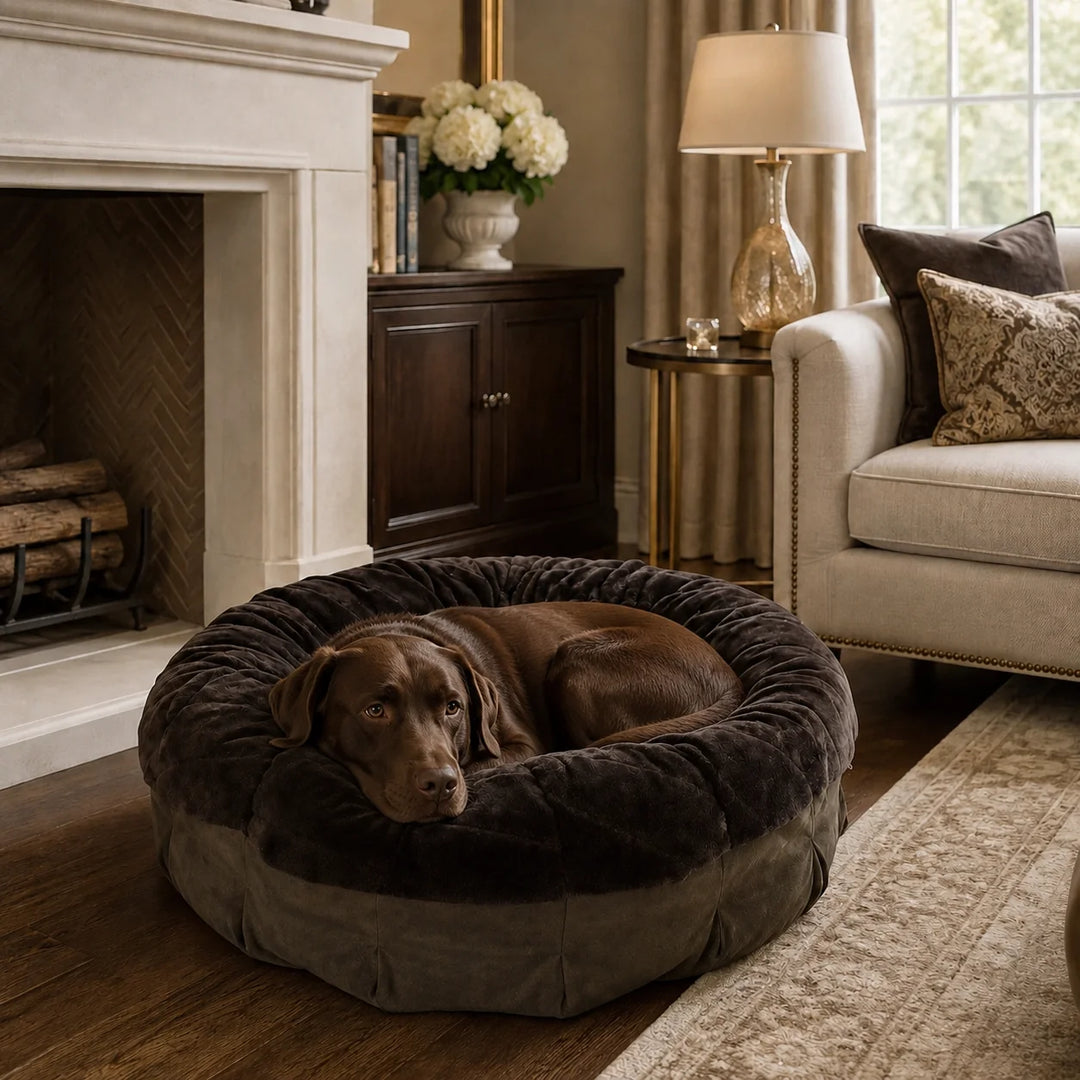 Animals Matter Pearl Ortho Puff Companion-Pedic luxury orthopedic dog bed in chocolate, featuring a brown Companion resting by a fireplace.