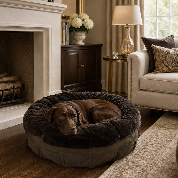 Animals Matter Pearl Ortho Puff Companion-Pedic luxury orthopedic dog bed in chocolate, featuring a brown Companion resting by a fireplace.