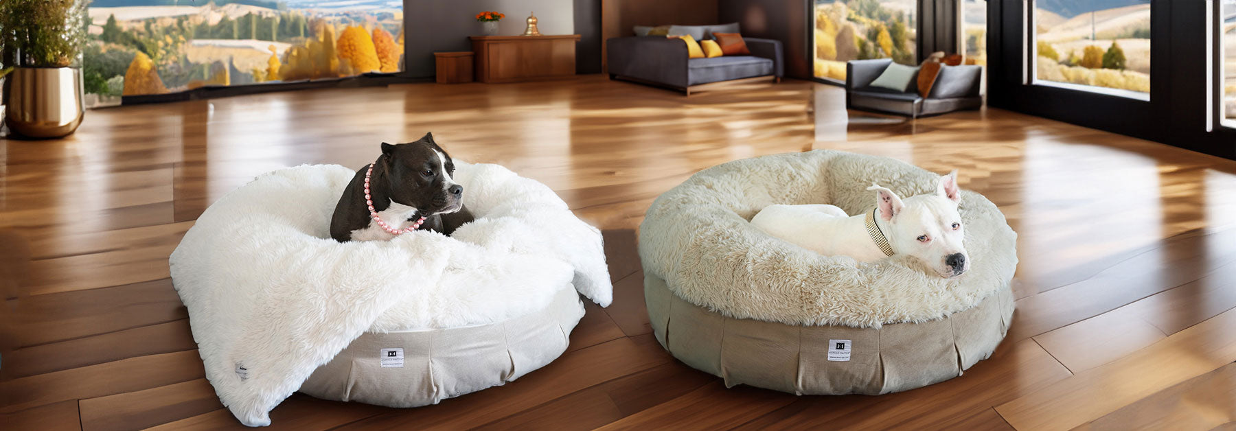 Ali and Hudson relaxing on our NEW: Roxy Ortho Puff® Companion-Pedic® Luxury Dog Bed , each one in our 2 styles beach and winter, the background is a stunning home in the mountains with an open concept and incredible views of the landscape covered in Fall themed tones 