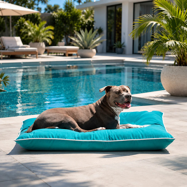 Animals Matter Raine Outdoor Futon Luxura-Fill Aqua luxury outdoor dog bed poolside, featuring a gray dog resting on an aqua futon cushion.