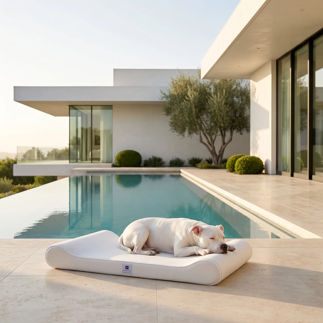Dog lying on a white outdoor bed by a pool with a modern house in the background