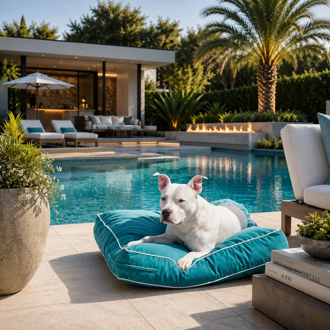 Animals Matter Raine Outdoor Pillow Luxura-Fill luxury outdoor dog bed in aqua beside a modern pool, featuring a white Companion resting in style.