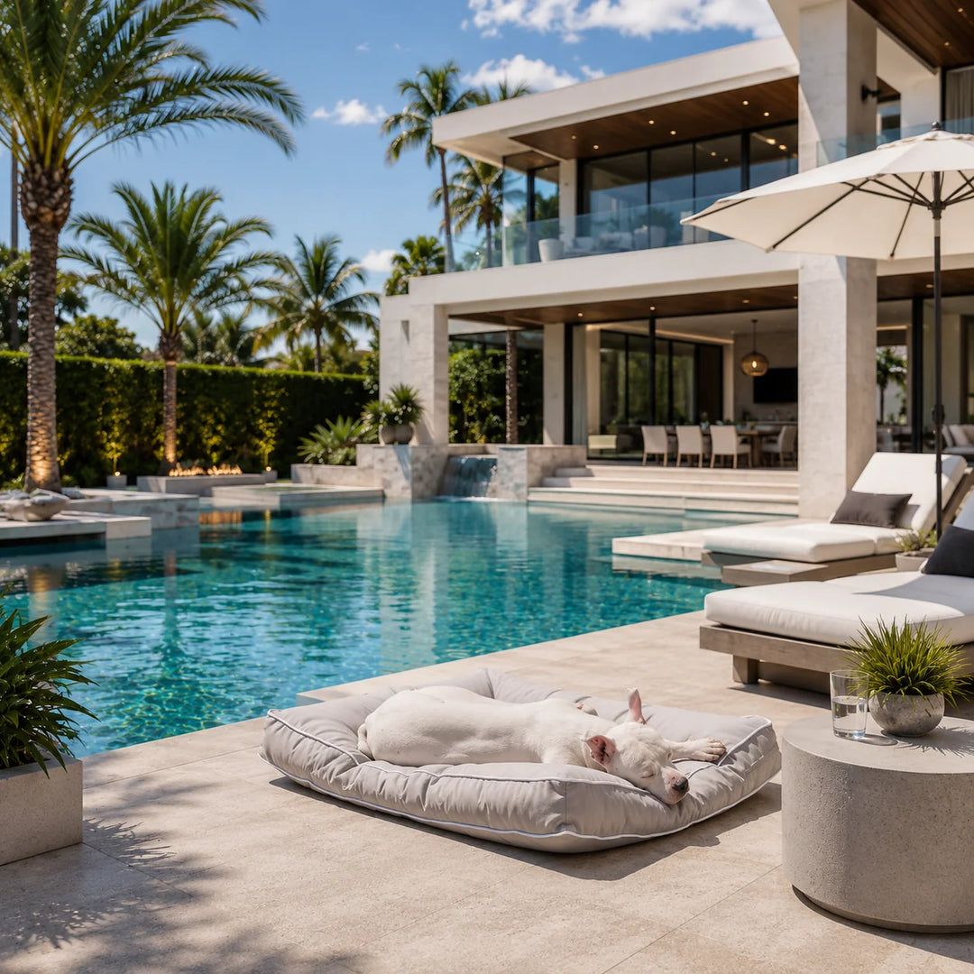 Animals Matter Raine Outdoor Pillow Luxura-Fill luxury outdoor dog bed in gray beside a modern pool, featuring a white Companion resting outdoors.