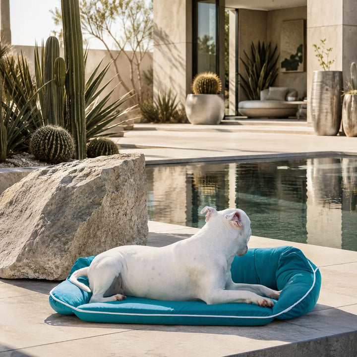 Animals Matter Raine Outdoor Sydney Companion-Pedic Luxury Dog Bed Aqua luxury outdoor dog bed on a poolside desert patio, featuring a white dog on an aqua bed.