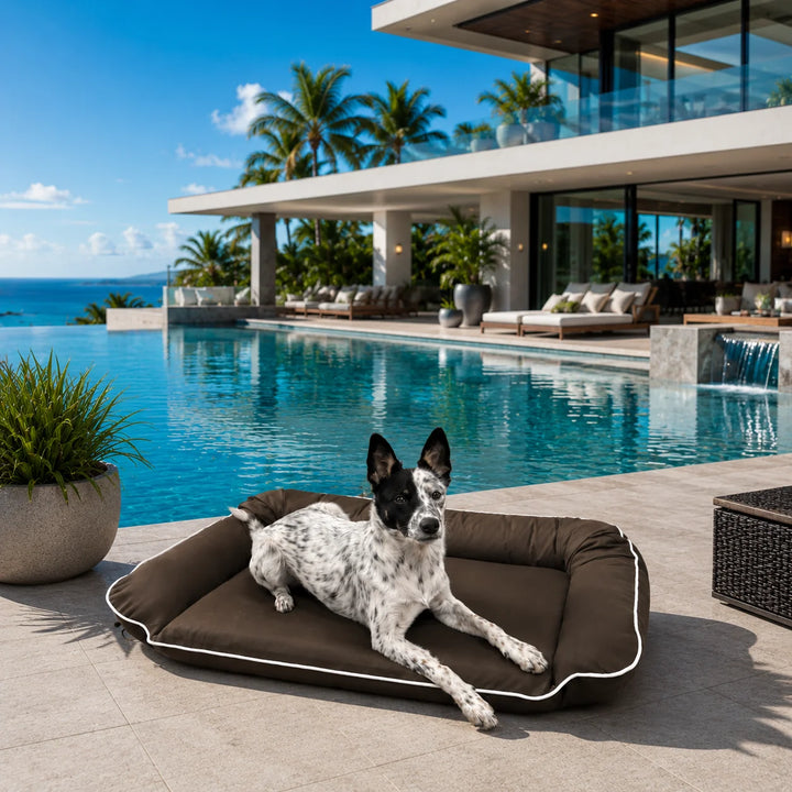 Animals Matter Raine Outdoor Sydney Companion-Pedic luxury outdoor dog bed in chocolate, featuring a black and white dog lounging poolside at a modern oceanfront home.