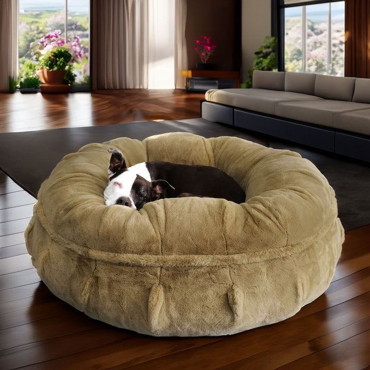 Animals Matter Raine Puff Calming luxury Dog Bed with Ruby Napping inside. This is the Latte Color.