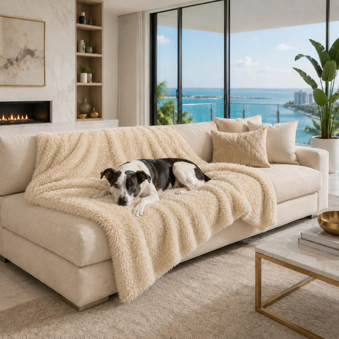 Animals Matter Roxy Luxura-Protect™ Waterproof Luxury Dog Blanket in beach sand on a luxury sofa, featuring a Companion in a coastal living room setting.