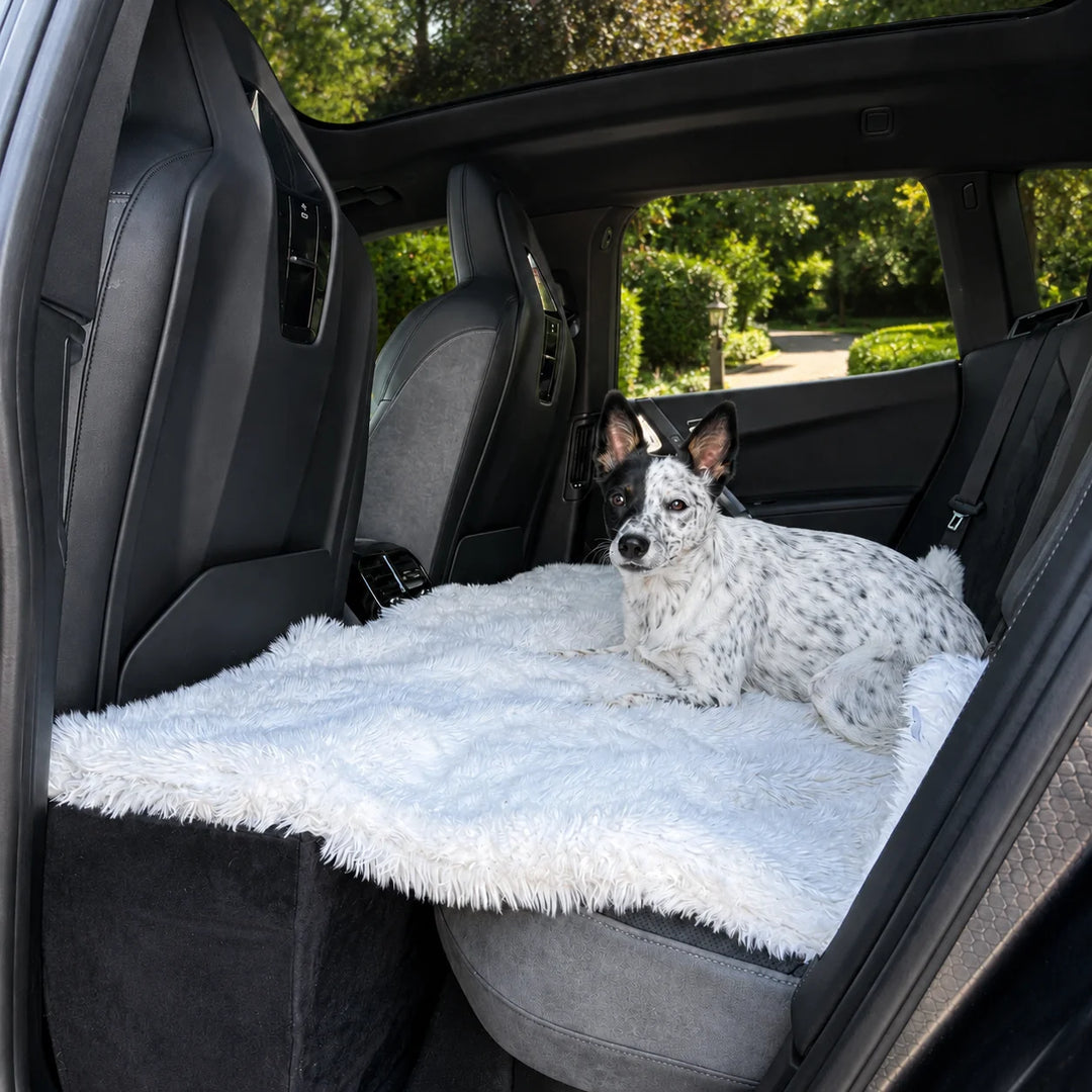 Animals Matter Roxy Luxura-Protect Waterproof Luxury Dog Blanket in winter white used as a dog car blanket, featuring a Companion in a luxury vehicle.
