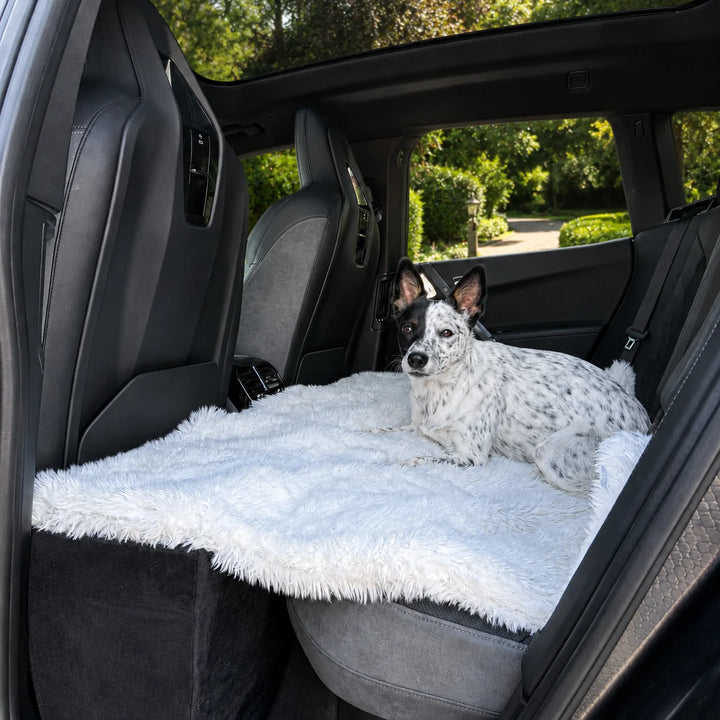 Animals Matter Roxy Luxura-Protect Waterproof Luxury Dog Blanket in winter white used as a dog car blanket, featuring a Companion in a luxury vehicle.