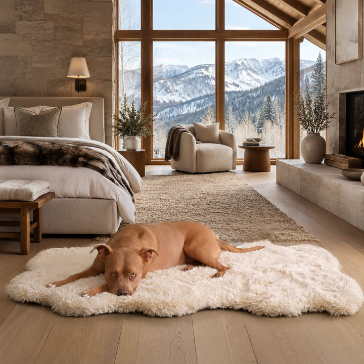 Roxy Ortho Puff Dog Bed Rug Beach Sand styled in a modern Aspen mountain bedroom with a relaxed pit bull and snow-capped peaks
