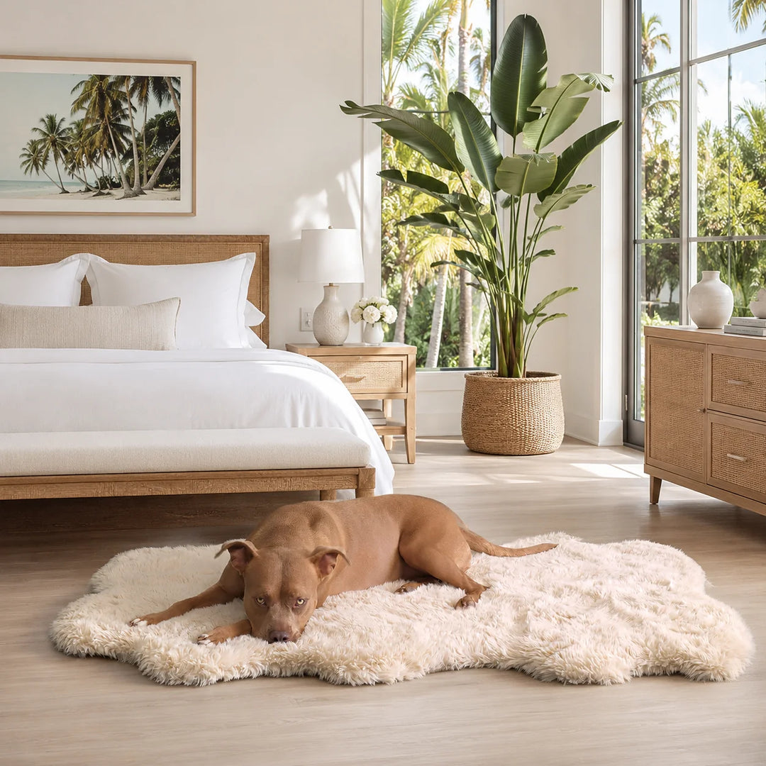 Animals Matter Roxy Ortho Puff Dog Bed Rug luxury orthopedic dog bed in Beach Sand, featuring a tan Companion resting on plush faux fur in a tropical bedroom.