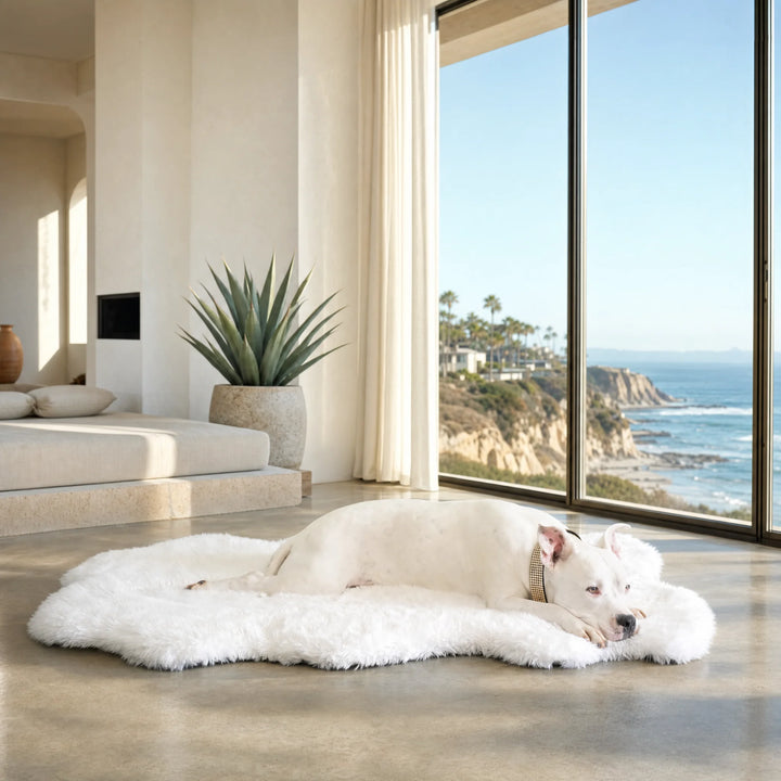 Roxy Ortho Puff Dog Bed Rug-Winter shown in a modern La Jolla cliff-house with a relaxed white pit bull and Pacific Ocean view