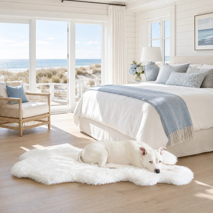 Animals Matter Roxy Ortho Puff Dog Bed Rug luxury orthopedic dog bed in a sunlit coastal bedroom, featuring a white Companion resting on a plush white faux fur rug.
