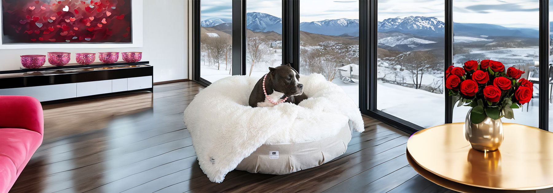 A picture of the NEW: Roxy Ortho Puff® Companion-Pedic® Luxury Dog Bed in winter with the matching waterproof blanket  and Ali relaxing on top