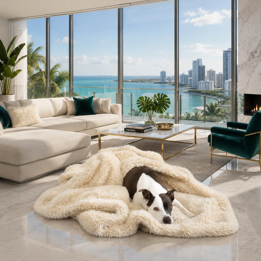 Animals Matter Roxy Waterproof Blanket waterproof dog blanket in a luxury Miami living room, featuring a Companion resting on plush cream faux fur.