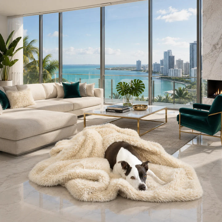 Animals Matter Roxy Waterproof Blanket waterproof dog blanket in a luxury Miami living room, featuring a Companion resting on plush cream faux fur.