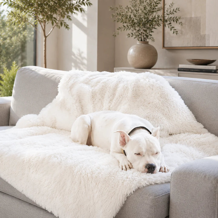 Animals Matter Roxy Waterproof Blanket waterproof dog blanket on a gray sofa, featuring a white Companion resting on plush cream faux fur in a bright living room.