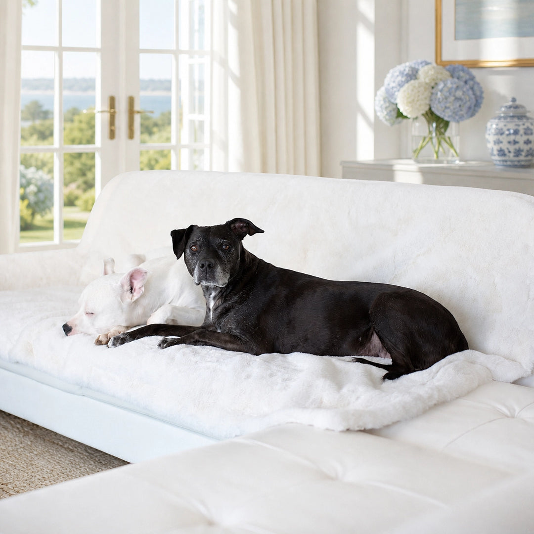 Pearl, a black terrier, and Hudson, a white boxer, are lying on the Ruby Puff® Luxury Dog Blanket in a beautiful oceanfront home in the Hamptons.