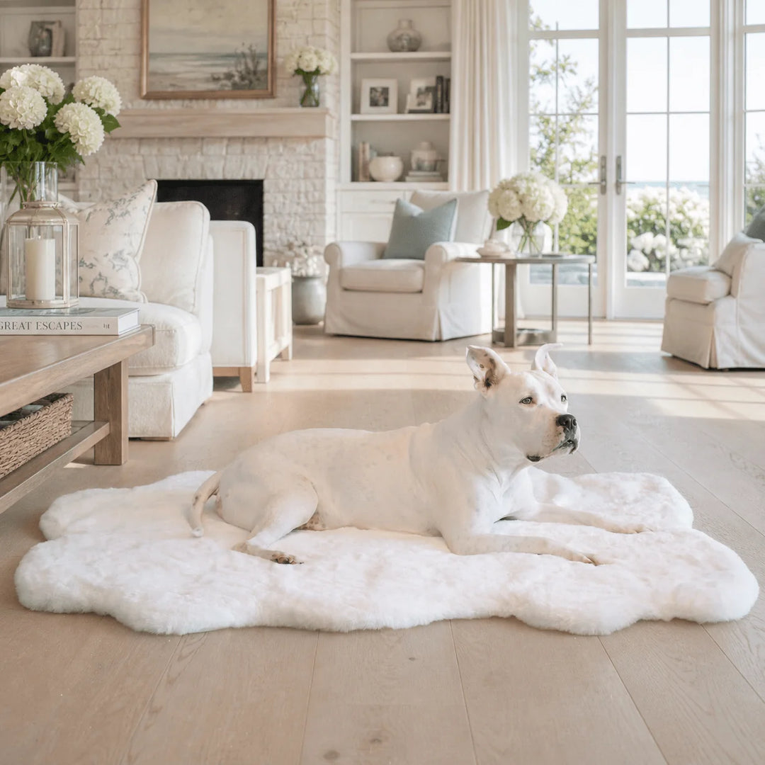 White pit bull resting on the plush ivory faux fur Ruby Puff Ortho Dog Bed Rug in an elegant Hamptons coastal living room with hydrangeas
