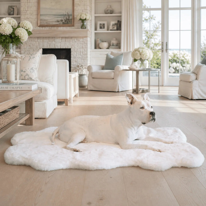 White pit bull resting on the plush ivory faux fur Ruby Puff Ortho Dog Bed Rug in an elegant Hamptons coastal living room with hydrangeas