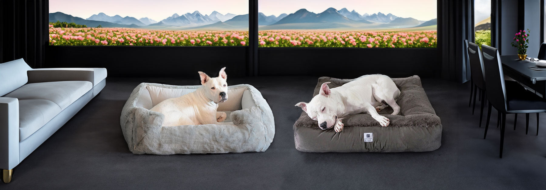 Hudson laying in the Ruby Puff® Ortho Square Companion-Pedic® Luxury Faux Fur Dog Bed  and Lounger in a beautiful  luxe home with open views of the mountains 