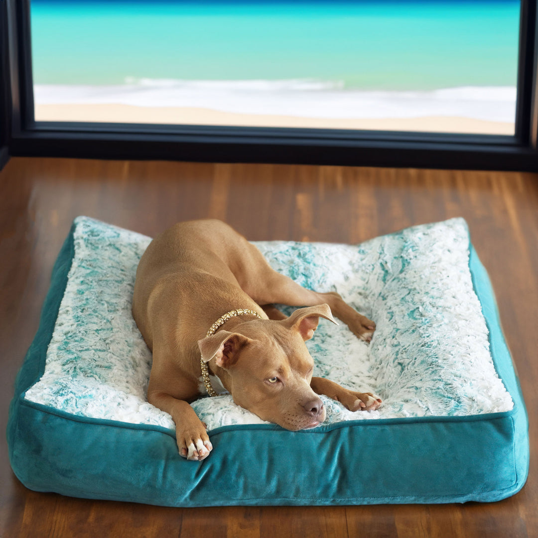 Animals Matter LA Dog Company Pearl Leopard Orthopedic Square Luxury Dog Bed in Teal Leopard.