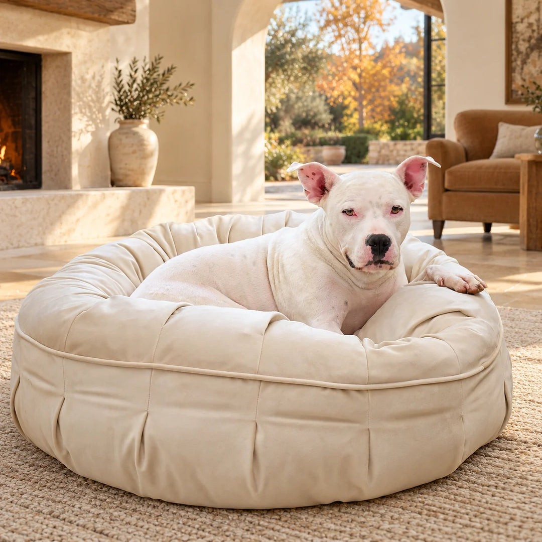 Ali Jewel Ortho Puff orthopedic dog bed in Diamond Sand with a white dog resting beside a stone fireplace on an autumn afternoon