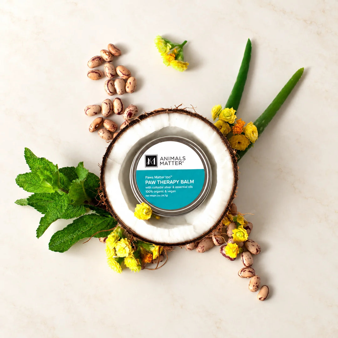Animals Matter® Organic Vegan Paw Balm with the raw organic ingredients arranged around the balm
