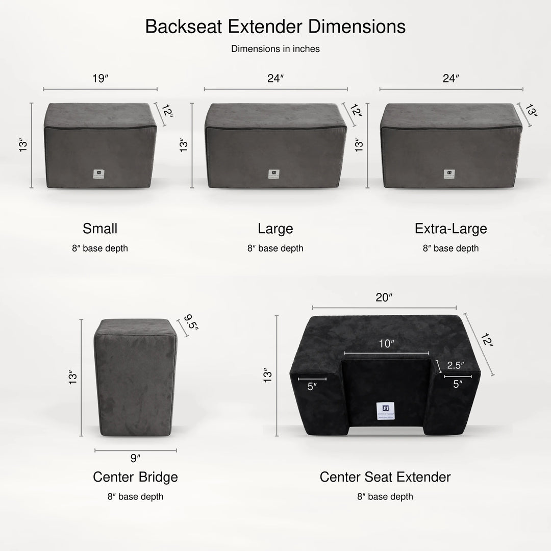 Backseat extender sizes: Small 19 in, Large and Extra Large 24 in wide, Center Bridge 9 in, Center Seat Extender 20 in