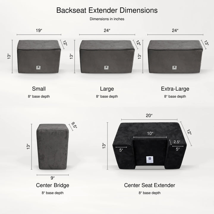 Backseat extender sizes: Small 19 in, Large and Extra Large 24 in wide, Center Bridge 9 in, Center Seat Extender 20 in