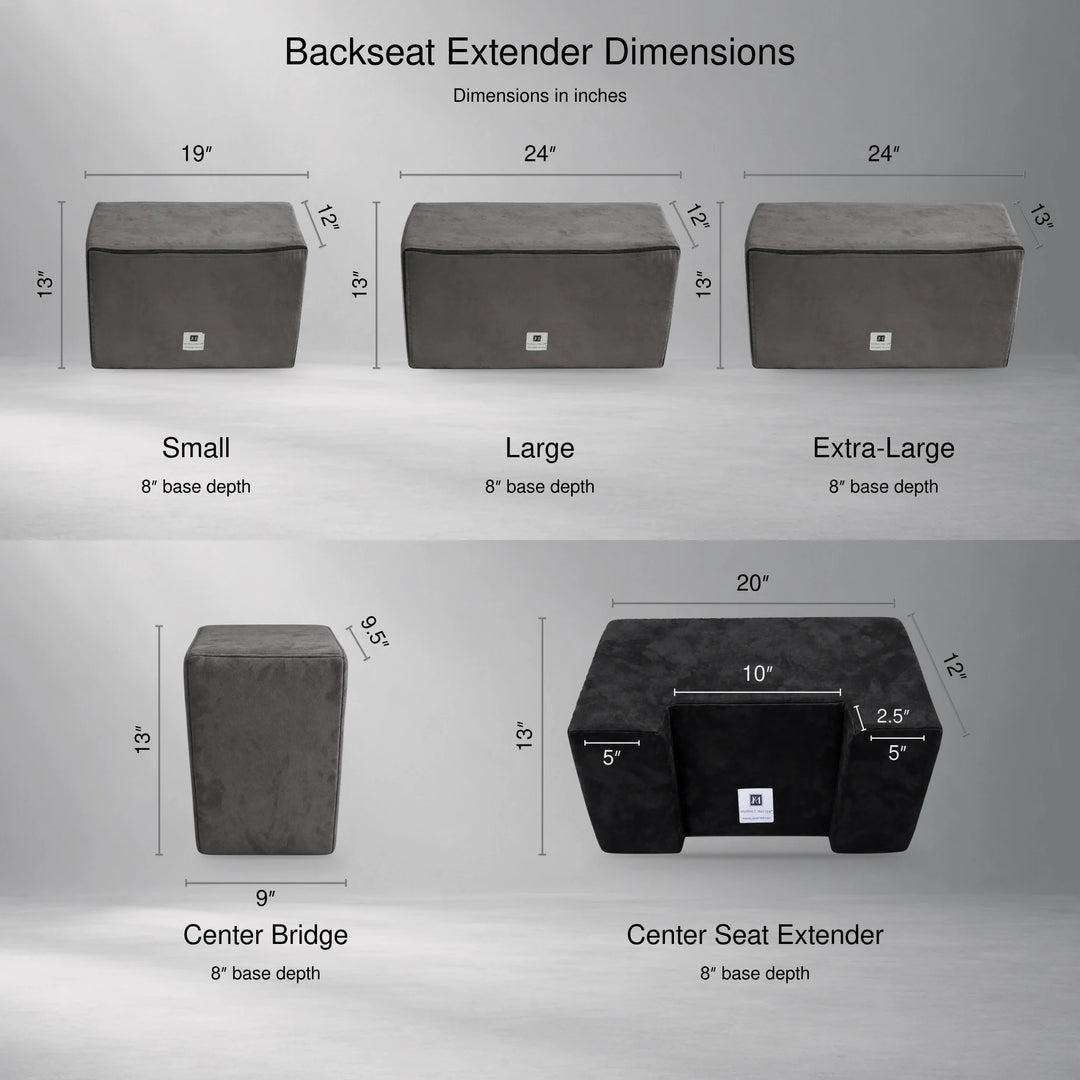 Dimensions: Small 19in, Large 24in, XL 24in wide x 13in deep; Center Bridge 9in; Center Seat 20in with 10 x 2.5in notch