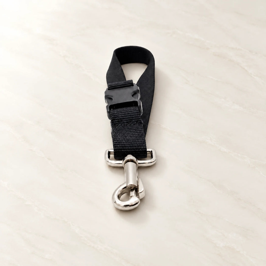 Animals Matter Booster Dog Car Seat Attachment dog car seat strap, showing a black adjustable nylon tether with buckle and metal snap clip on white background.