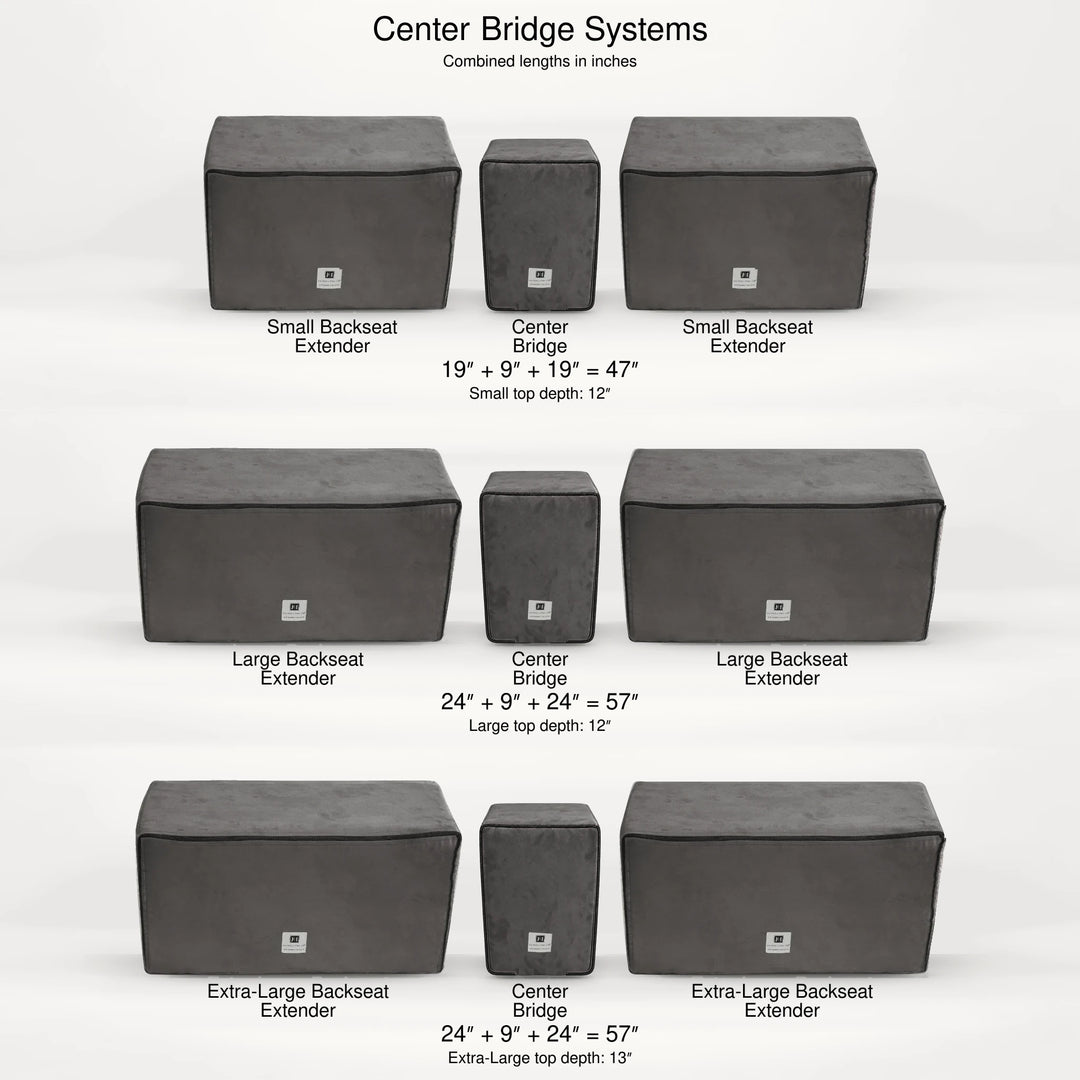 Center Bridge systems: two Small extenders and the bridge make 47 in; two Large or two Extra Large make 57 in