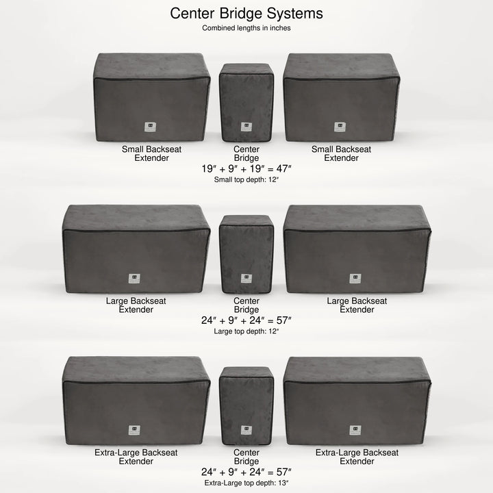 Center Bridge systems: two Small extenders and the bridge make 47 in; two Large or two Extra Large make 57 in