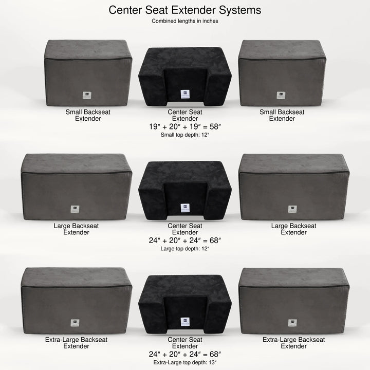 Center Seat Extender systems: two Small extenders make 58 in across; two Large or two Extra Large make 68 in