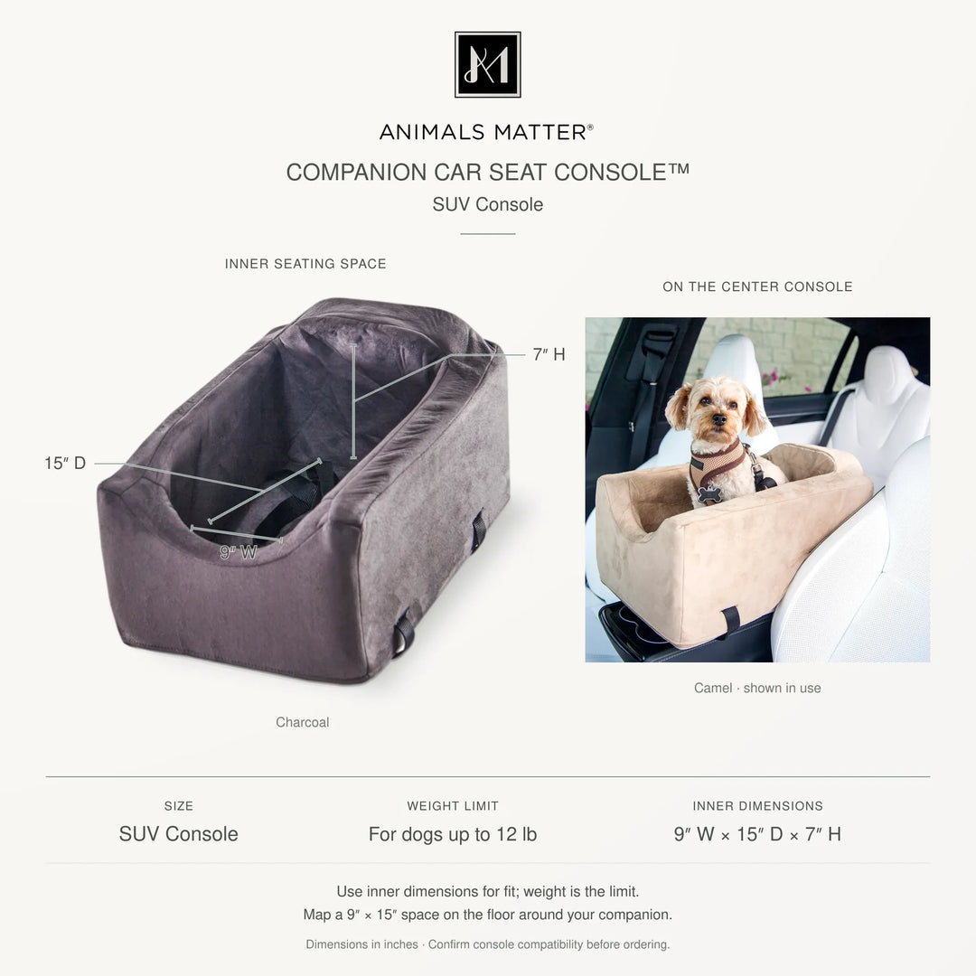 Companion Car Seat Console SUV size: inner 9 x 15 x 7 in, for dogs up to 12 lb, shown on a center console