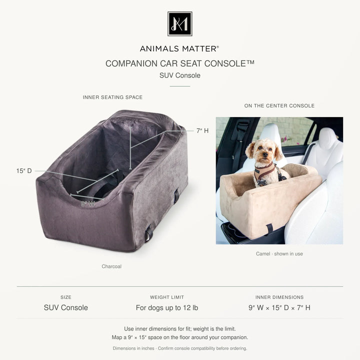 Companion Car Seat Console SUV size: inner 9 x 15 x 7 in, for dogs up to 12 lb, shown on a center console